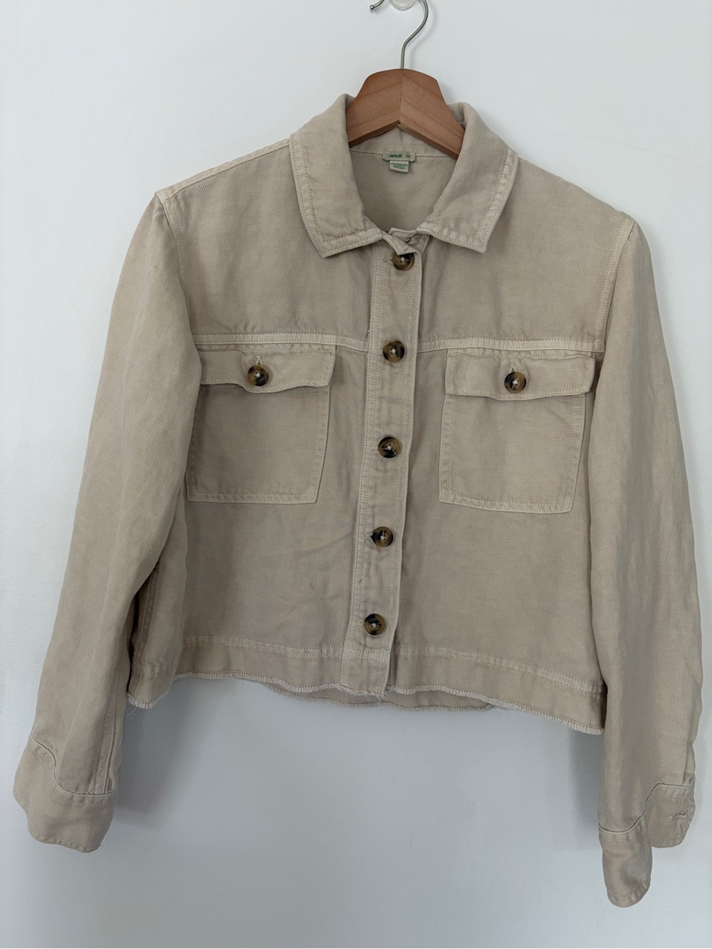 Aerie Cropped Linen Lyocell Utility Jacket Beige Raw Hem Size S